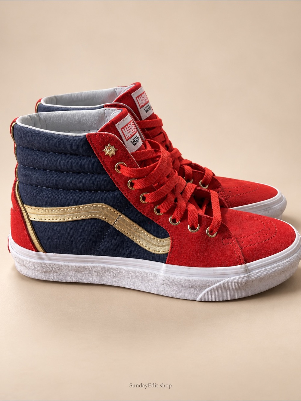 Vans High-Top Sneakers in Red, Navy & Gold | Women’s Size 8
